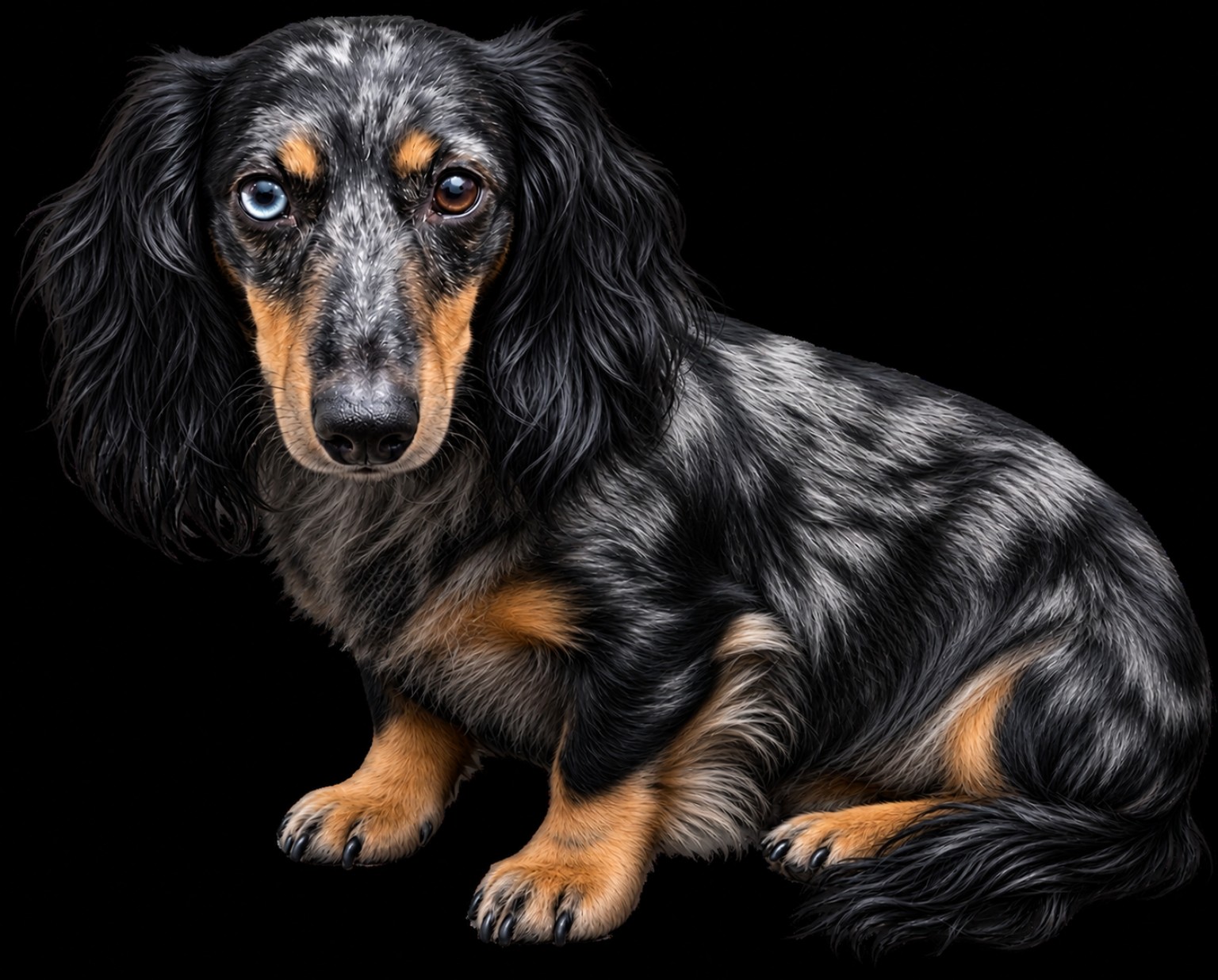 A silver dapple longhaired dachshund