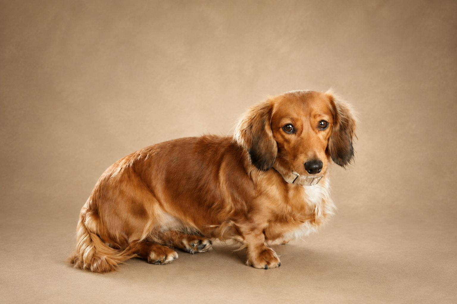 A red longhaired dachshund relaxing in a sunlit home