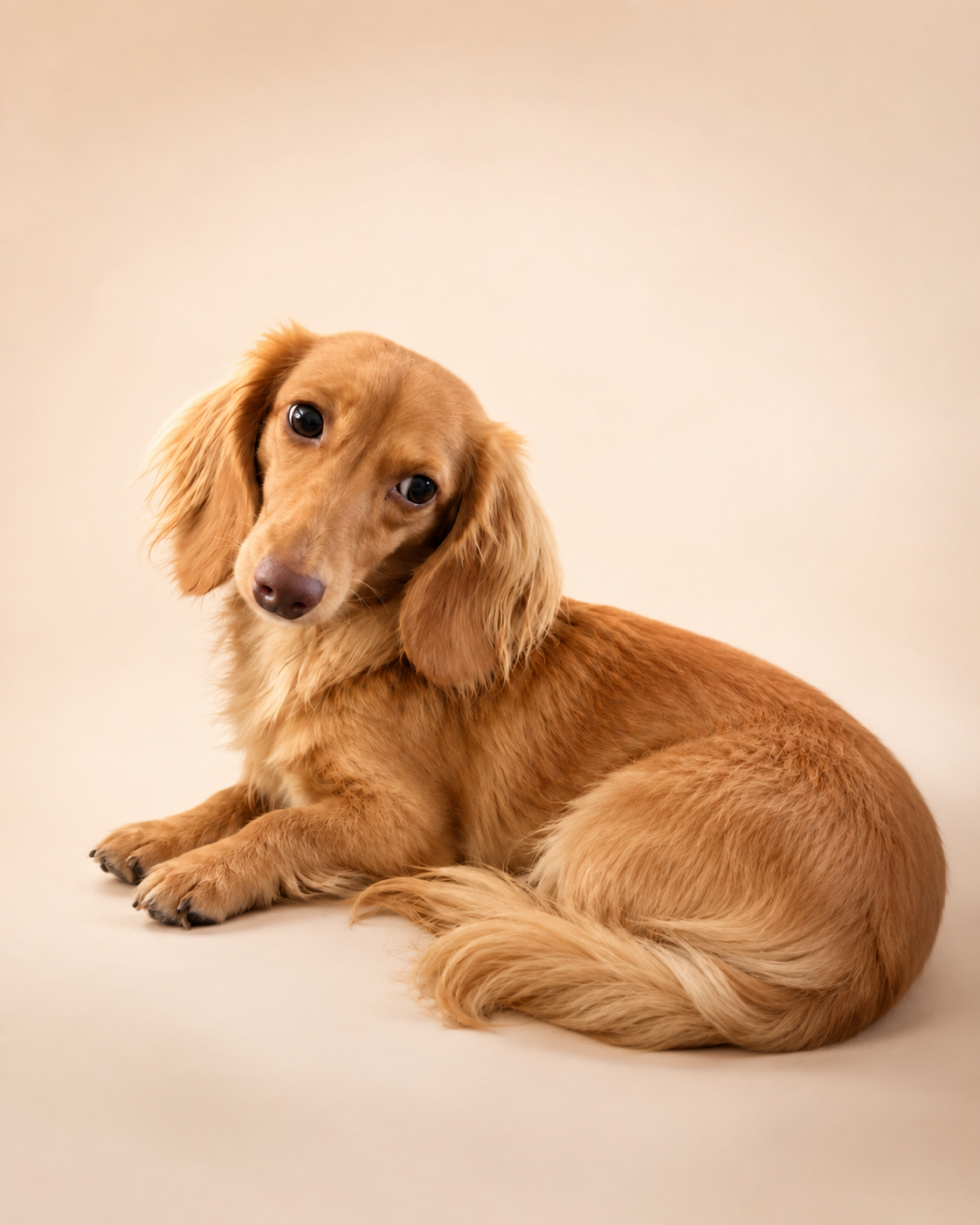 Natasha, a cream longhair miniature dachshund